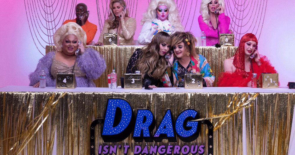 Photo from the Drag Isn't Dangerous digital event, with drag queens and hosts answering the calls by donors.
